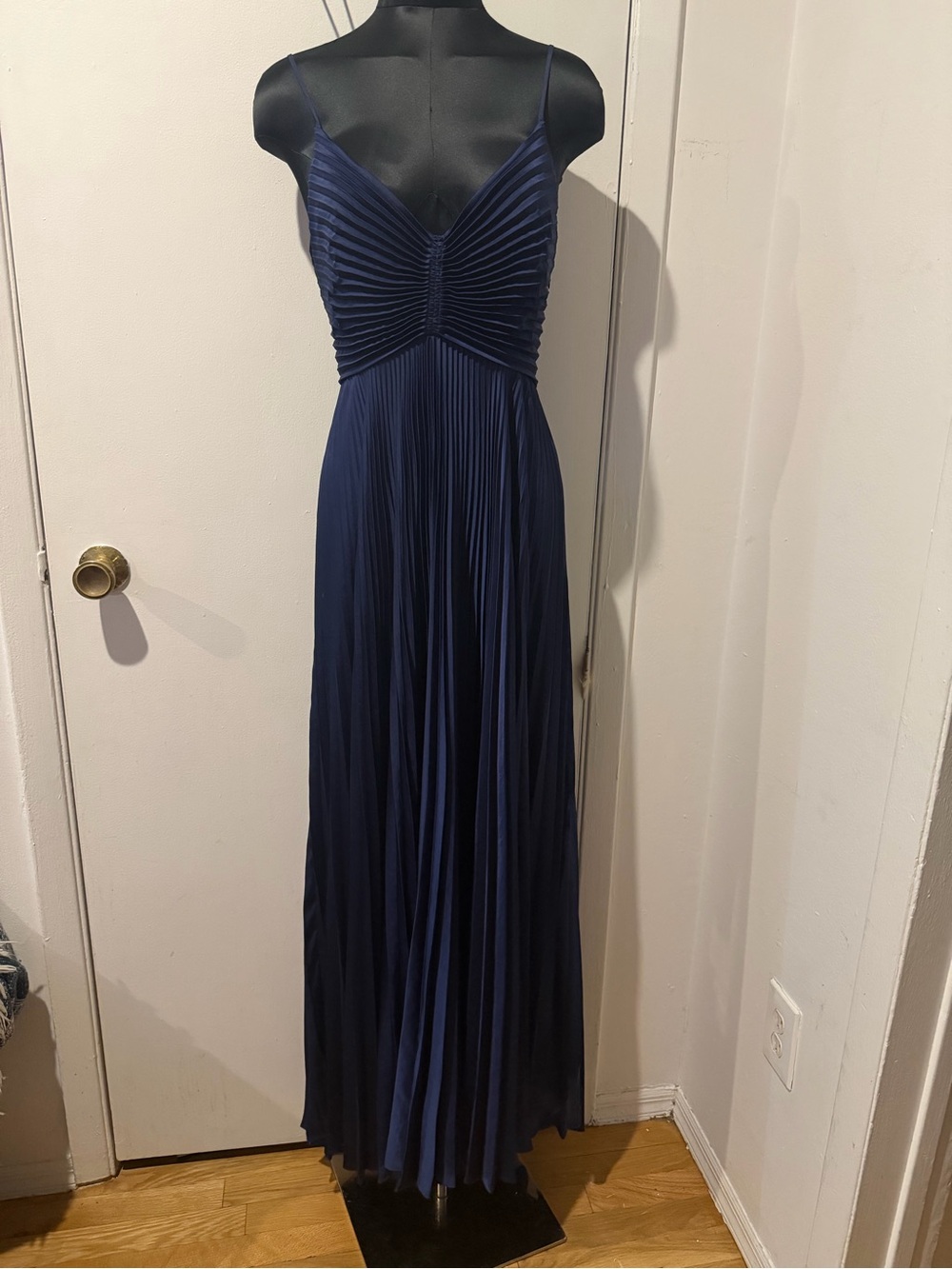 NEW A.L.C. ALC Aries Midnight Navy Blue Pleated Gown Maxi Dress sz 12 satin $795